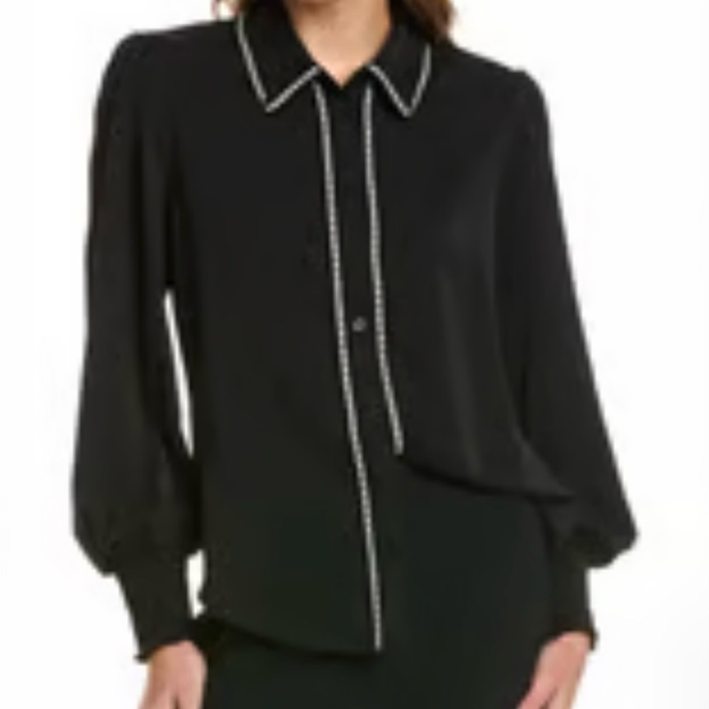 Laundry by Shelli Segal Satiny Top Sz XL Button Up Black Silver White Chic